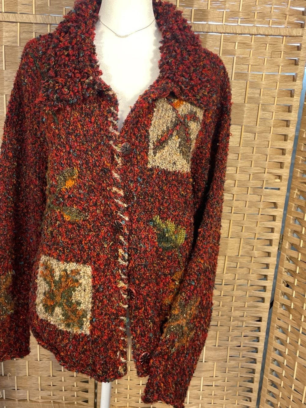 Textured Patchwork Teddy Bear Cardigan Sweater in Burnt Red